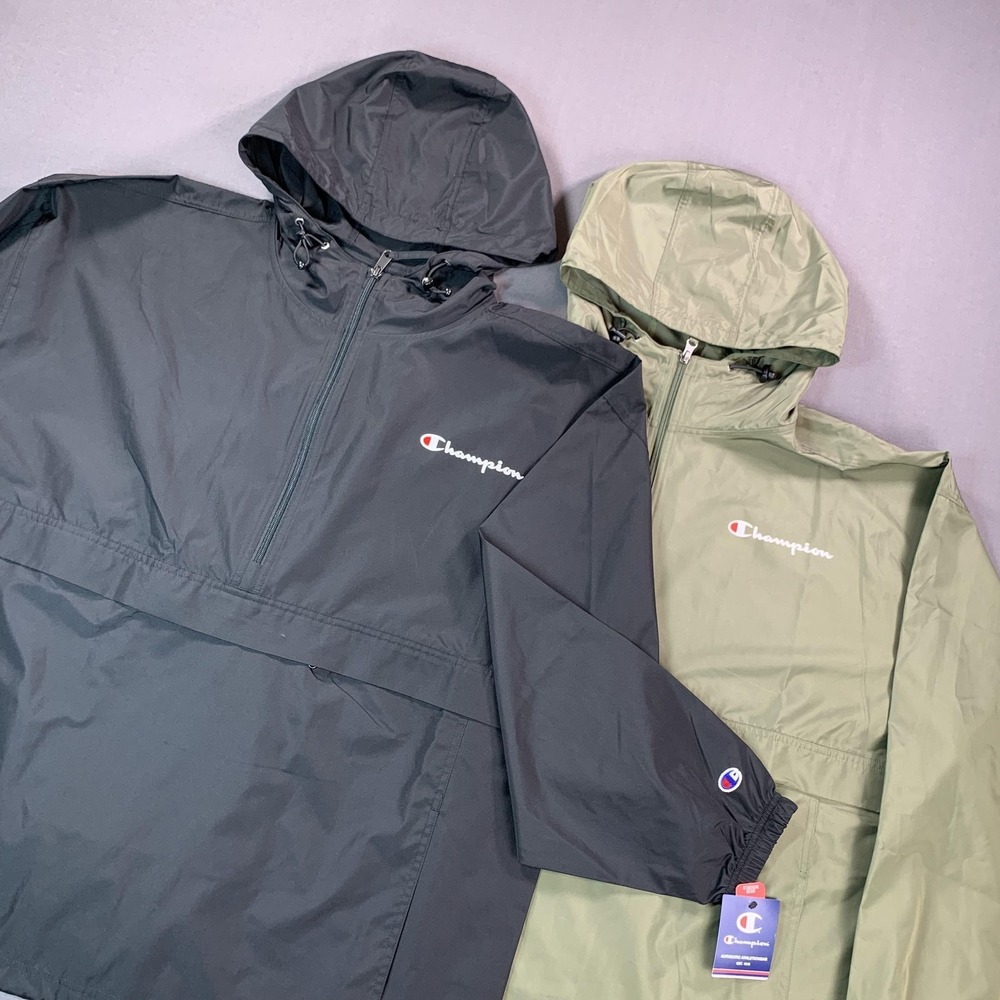 NEW Champion Stadium Packable Jacket Men 2XL Black Olive Hooded Windbreak Lot 2